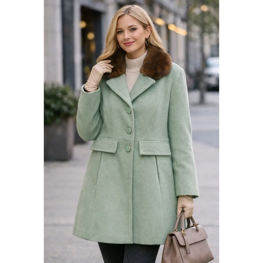 Kate Spade New York Seafoam Green Wool Blend Faux Fur Collar Coat XL K29775B - Picture 1 of 14